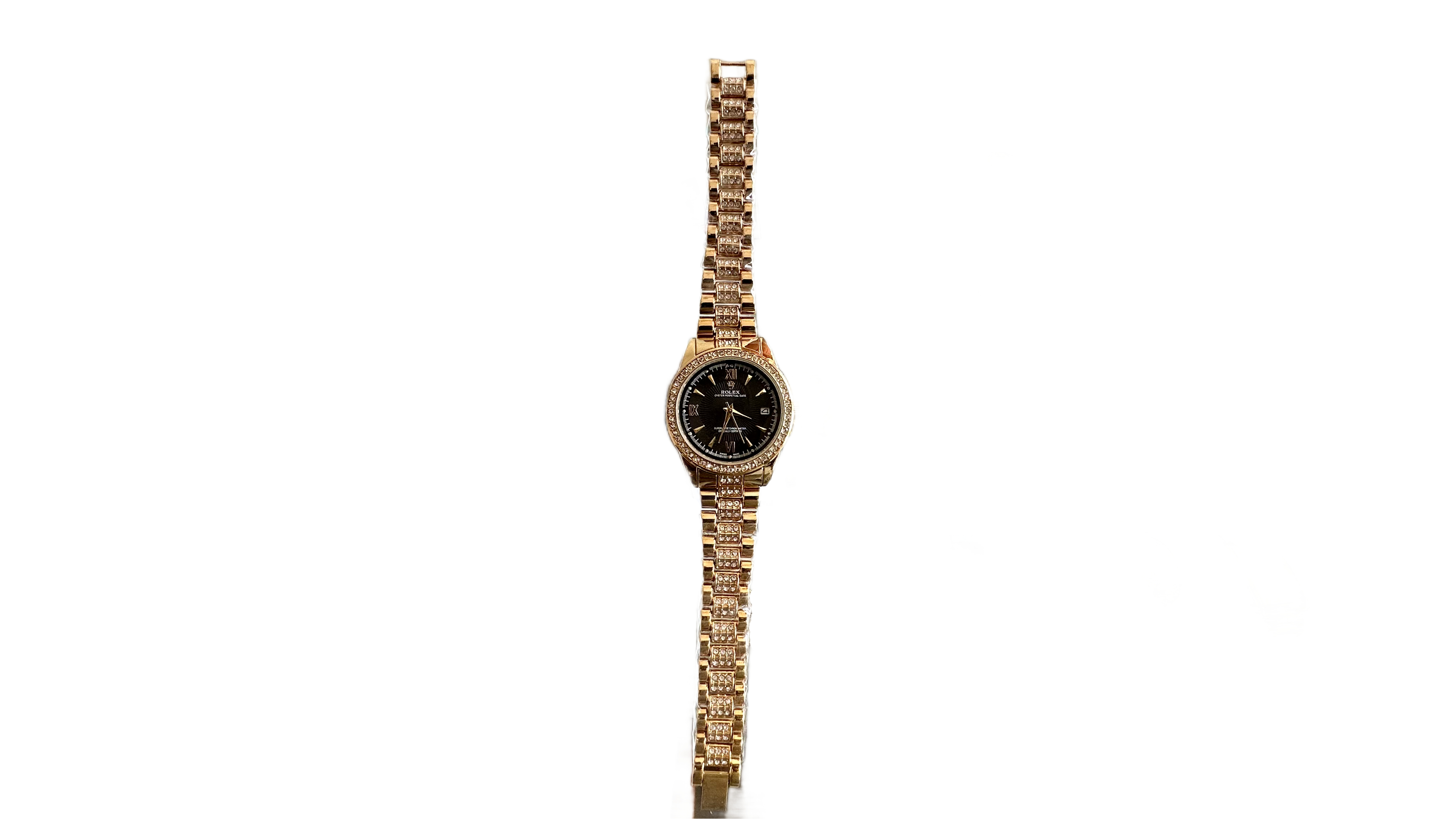 Rolex Design Ladies Watch (Gold Diamond Chain & Black Dial)